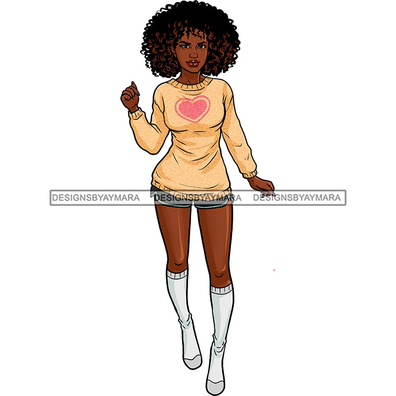 Sexy Black Woman Wearing Long Sweater And Shorts JPG PNG  Clipart Cricut Silhouette Cut Cutting Cotton Fabric Linen Fabric Terry Fabric