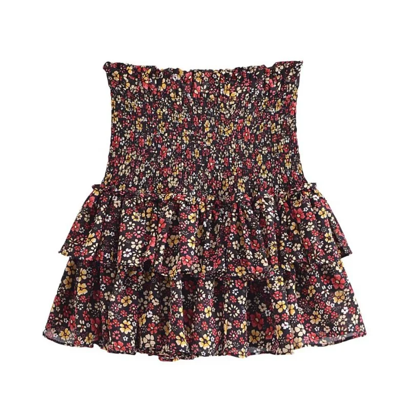 Blue Zone Planet |  Small Floral Print Elastic Waist Cake Skirt corduroy skirt comfortable
