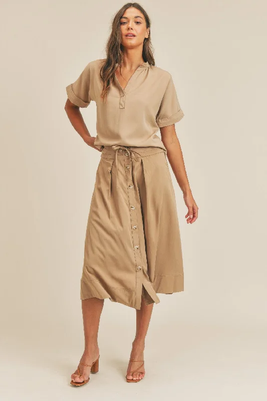 MABLE Short Sleeve Top and Button Down Midi Skirt Set lightweight skirt design