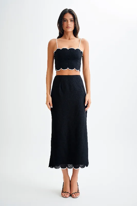 Alessio Scalloped Midi Skirt - Black a-line skirt cut