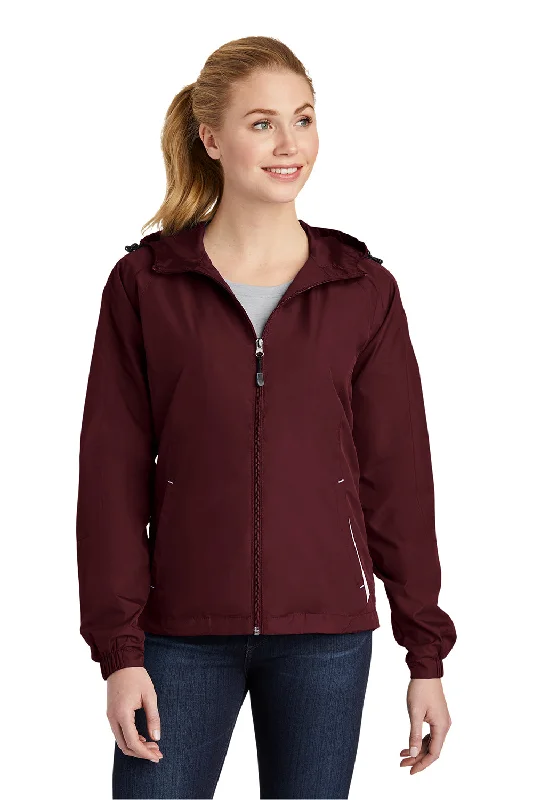 Sport-Tek Womens Water Resistant Full Zip Hooded Jacket - Maroon/White Herringbone Jacket Checkered Jacket Solid Jacket