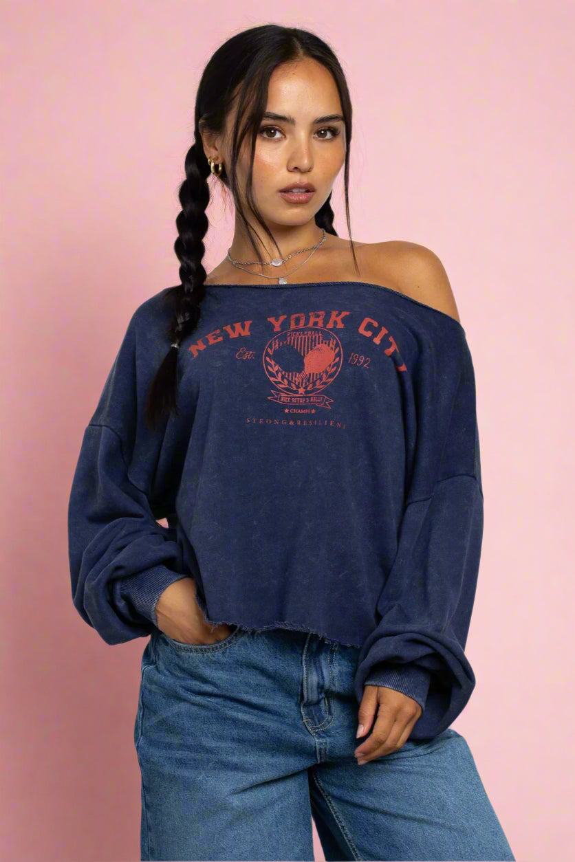 Daisy Street Slashed Neck NYC Sweater Ribbed Striped Patterned