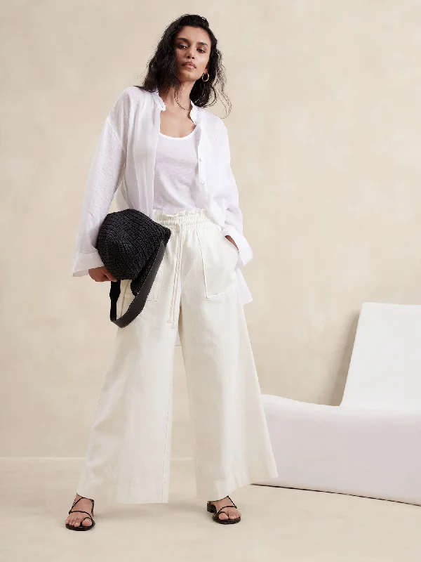 Hemp-Cotton Wide-Leg Paperbag Pant Elegant High-Waist Pants