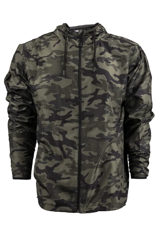 Burnside Mens Water Resistant Full Zip Hooded Windbreaker Jacket - Green Camo Satin Jacket Silk Jacket Chiffon Jacket