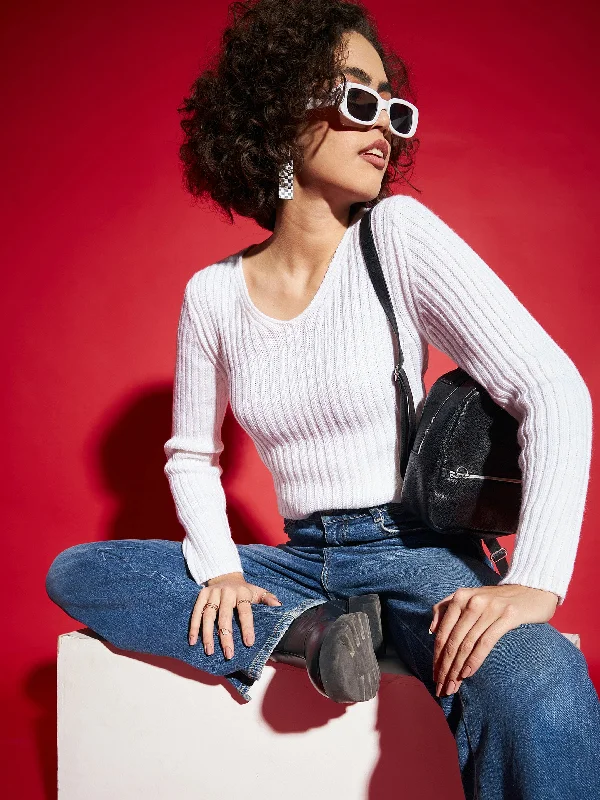 Women White Rib V-Neck Sweater Ribbed Striped Patterned