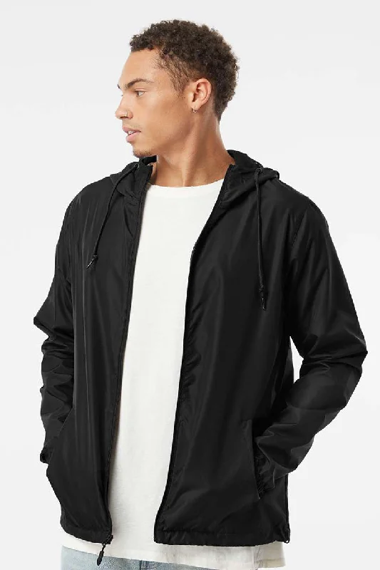 Independent Trading Company Mens Water Resistant Full Zip Windbreaker Hooded Jacket - Black Print Jacket Jacquard Jacket Embroidered Jacket