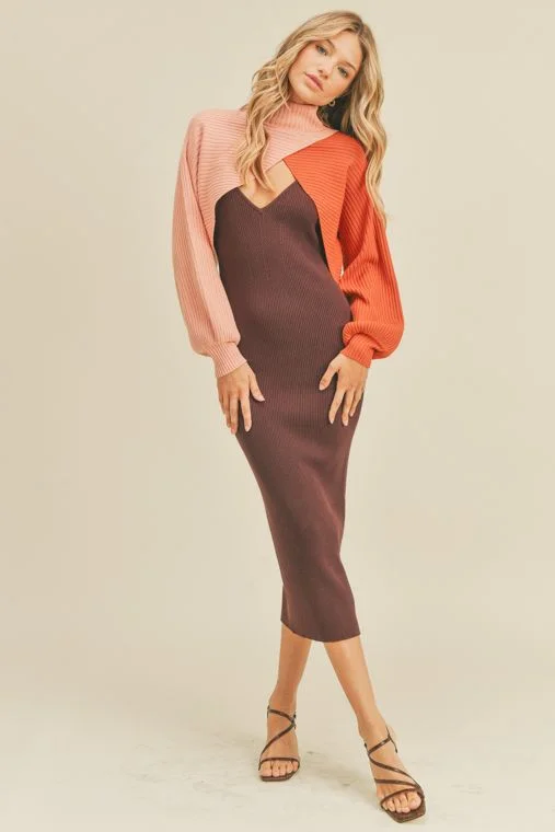 Contrast 2-Piece Sweater Midi Dress Spandex Blend Rayon Blend Denim Blend