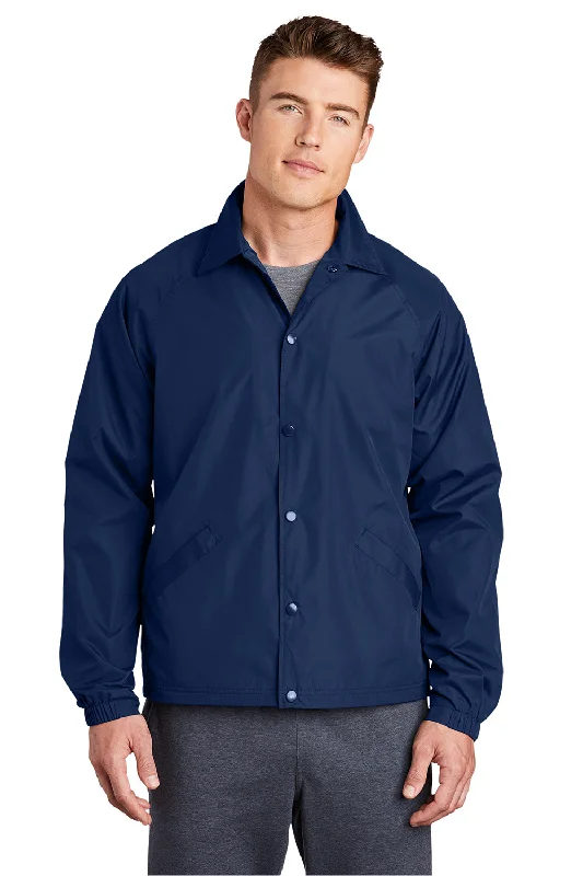 Sport-Tek Mens Water Resistant Snap Down Sideline Jacket - True Navy Blue A-Line Jacket Boat Neck Shawl Collar