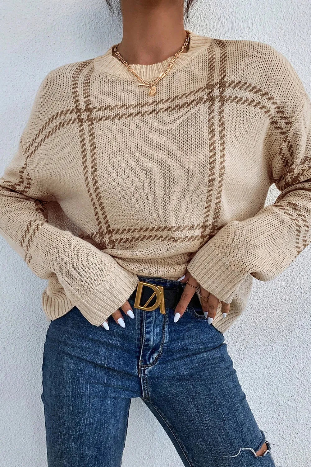 Lauren Plaid Round Neck Dropped Shoulder Sweater Elegant Classic Vintage