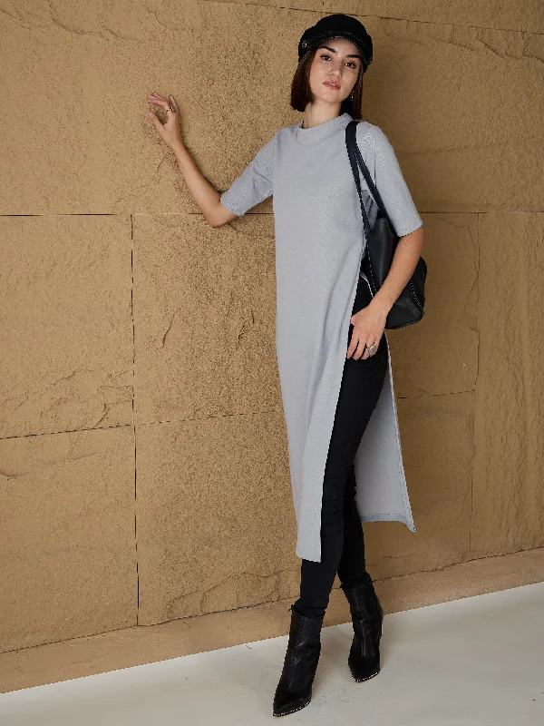 Women Grey High-Neck High Slit Sweater Striped Floral Plaid