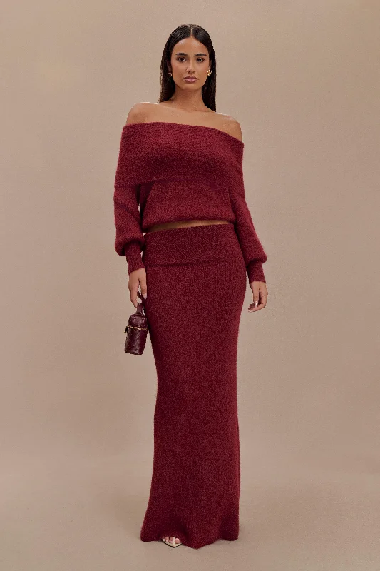 Charlotte Knit Maxi Skirt With Overlay - Merlot velvet skirt plush