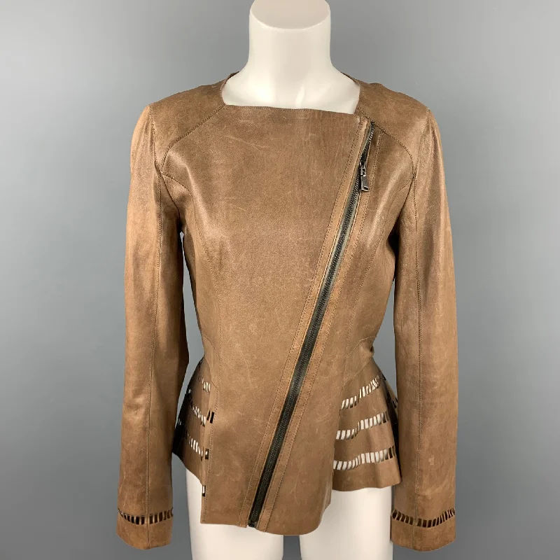 ELIE TAHARI Size S Brown Perforated Leather Asymmetrical Jacket Denim Jacket Leather Jacket Suede Jacket