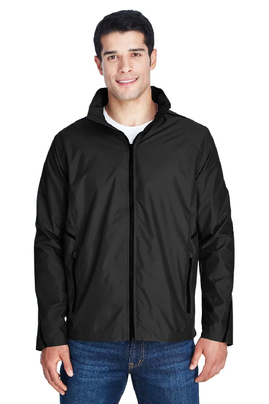 Team 365 Mens Conquest Wind & Water Resistant Full Zip Hooded Jacket - Black Collared Jacket Crew Neck Jacket Turtle Neck Jacket