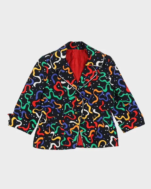 Black Patterned Blazer Jacket - S Welt Pockets Slit Pockets Flap Pockets