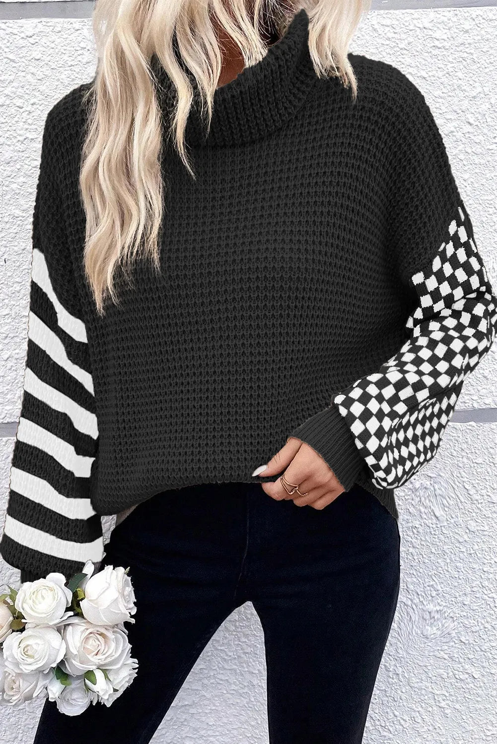 Tatum Checkered Striped Turtleneck Long Sleeve Sweater Spandex Blend Rayon Blend Denim Blend