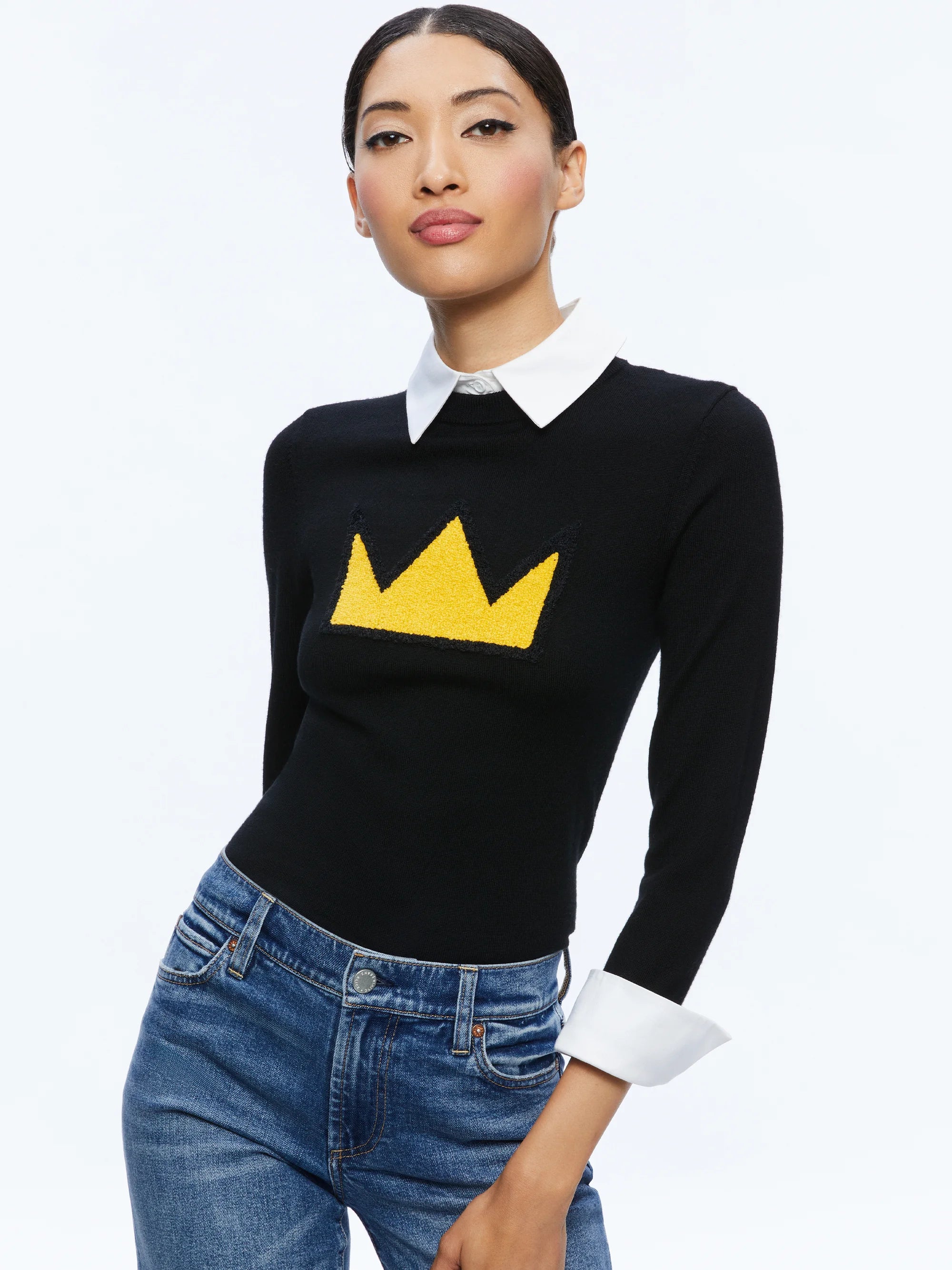 A+O Basquiat Porla Collared Sweater Black - Alice + Olivia Lightweight Heavyweight Midweight