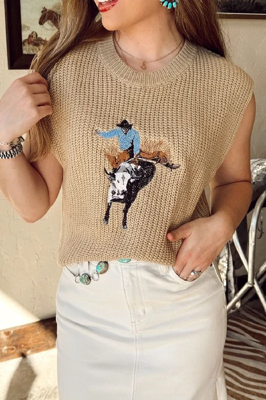 Western Cowboy Embroidery Round Neck Sleeveless Sweater Open Front Closed Front Wrap Front