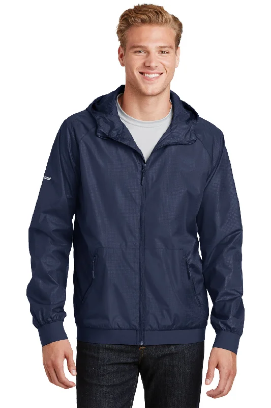 Sport-Tek Mens Wind & Water Resistant Full Zip Hooded Jacket - True Navy Blue - Closeout Zippered Front Buttoned Front Snap Front