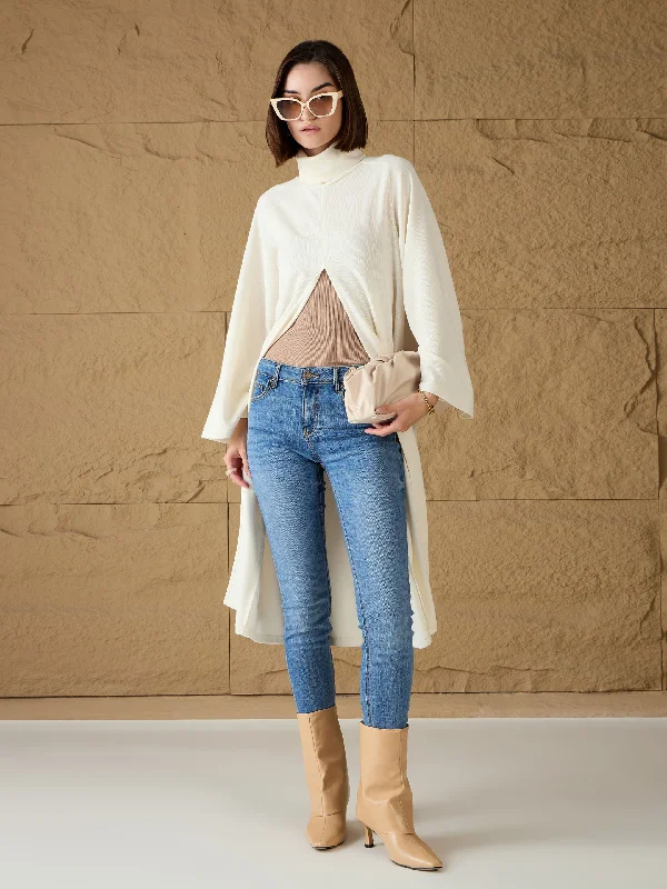 Women Off-White Turtle-Neck Front High Slit Sweater Neon Metallic Matte