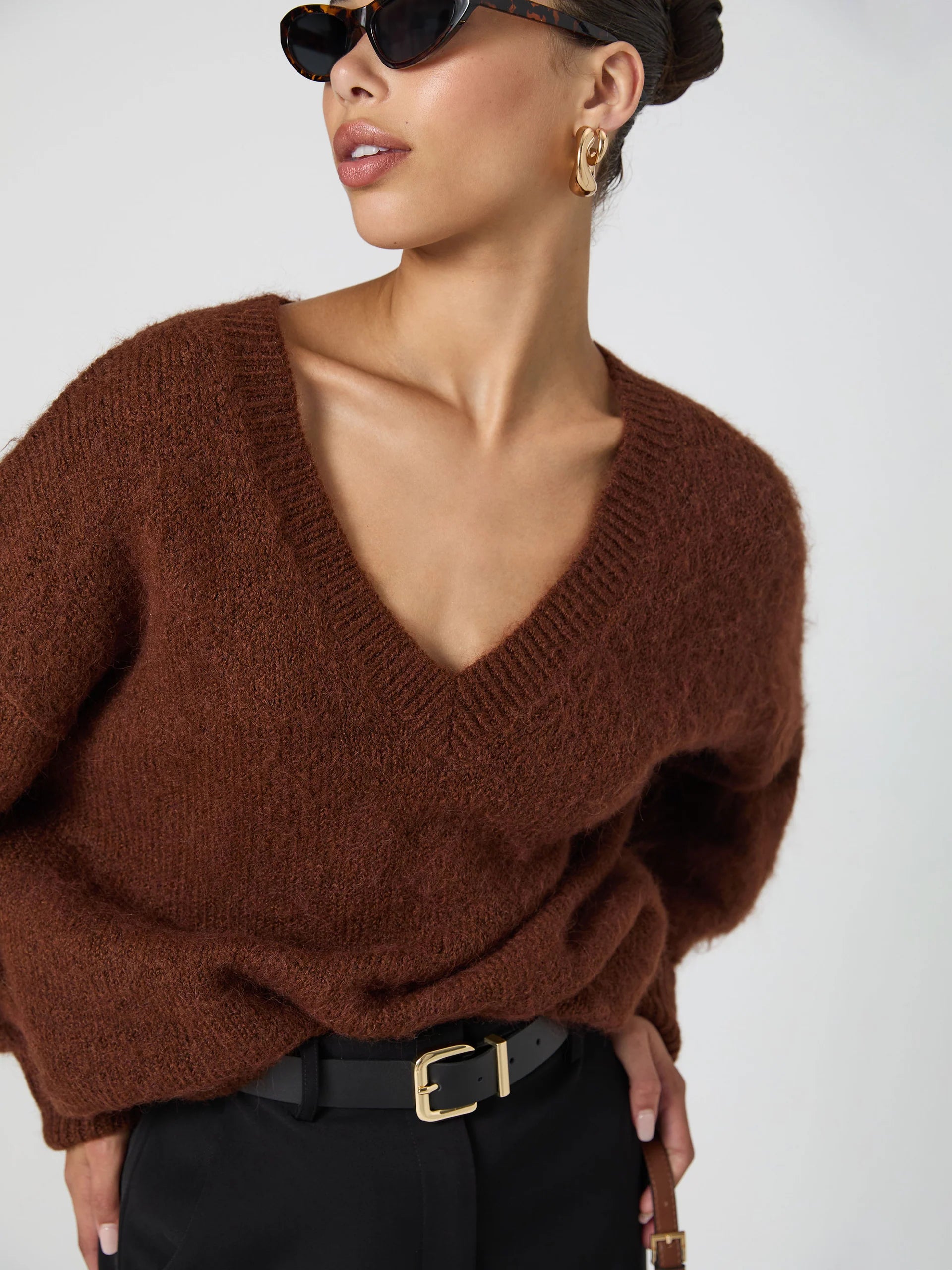 Fluffy V Neck Oversized Sweater Chocolate - French Connection Oversized Loose Flowy