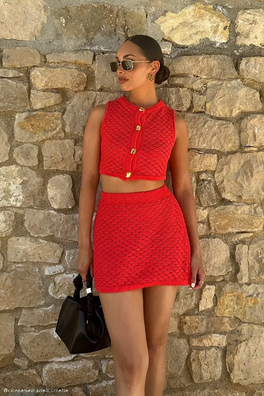 Lorenza Knit A-Line Mini Skirt - Pomegranate denim skirt trendy