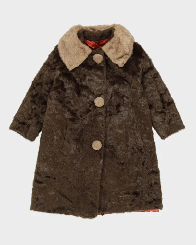 Vintage 1960s Brown Faux Fur Jacket - S Tiered Jacket Buttoned Jacket Zippered Jacket