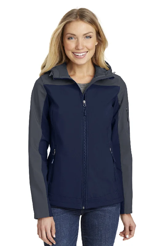 Port Authority Womens Core Wind & Water Resistant Full Zip Hooded Jacket - Dress Navy Blue/Battleship Grey Stand-Up Collar Roll-Neck Collar Turtle Neck