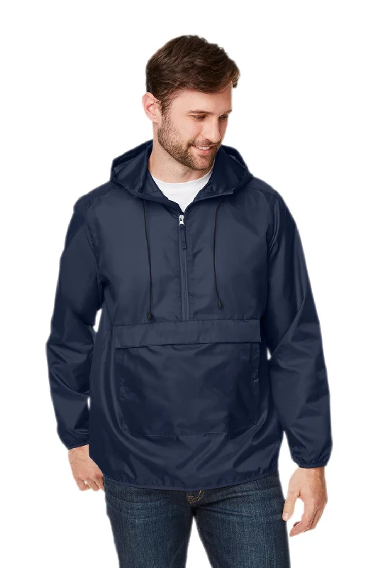 Team 365 Mens Zone Protect Water Resistant Hooded Packable Hooded 1/4 Zip Anorak Jacket - Dark Navy Blue Front Pockets Side Pockets Patch Pockets