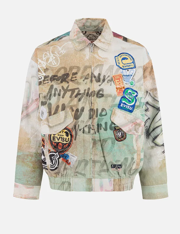 Graffiti Allover Print Boxy Zip Up Jacket Nylon Jacket Polyester Jacket Spandex Jacket
