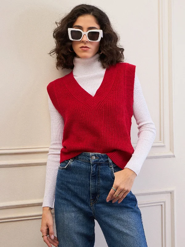 Women Red Solid V-Neck Sweater Vest Stretchy Elastic Breathable
