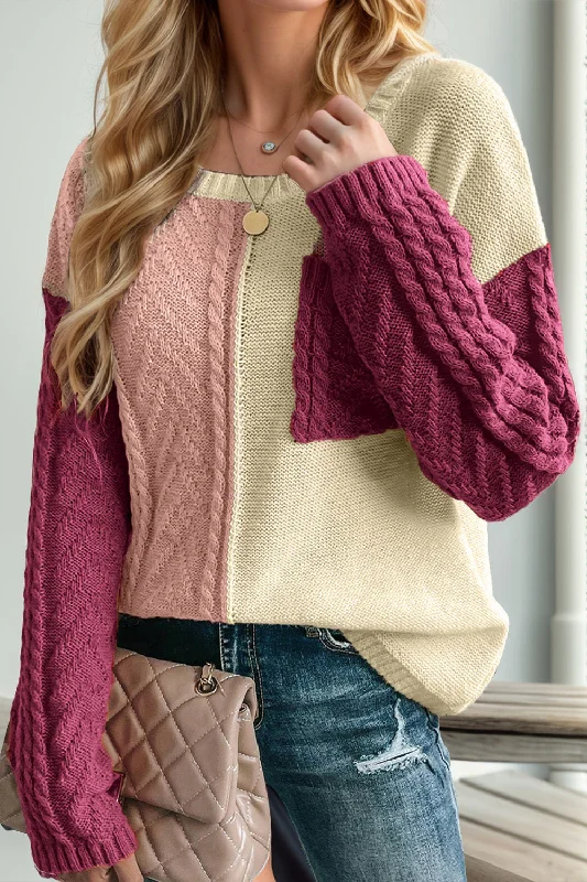 Deidre Double Take Full Size Color Block Drop Shoulder Sweater Denim Fabric Leather Fabric Suede Fabric