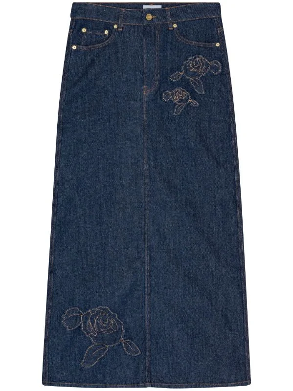 ROSE DENIM CONTRAST STITCHING MAXI SKIRT leather skirt refined