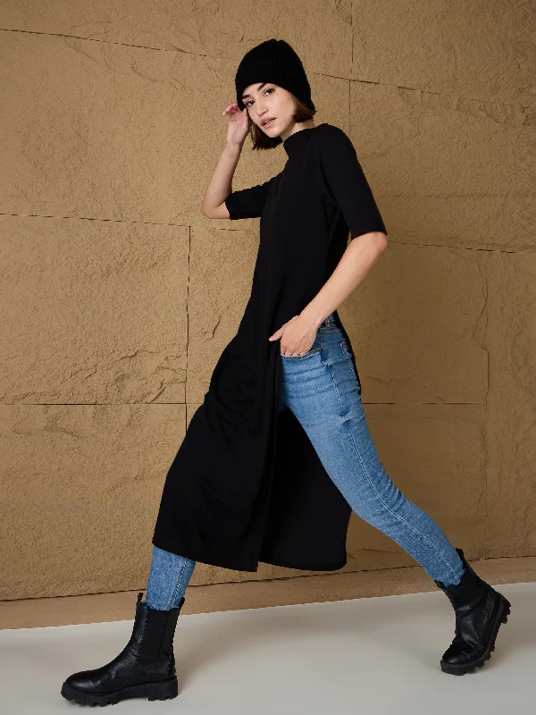 Women Black High-Neck High Slit Sweater Plaid Sweater Polka Dot Checkered