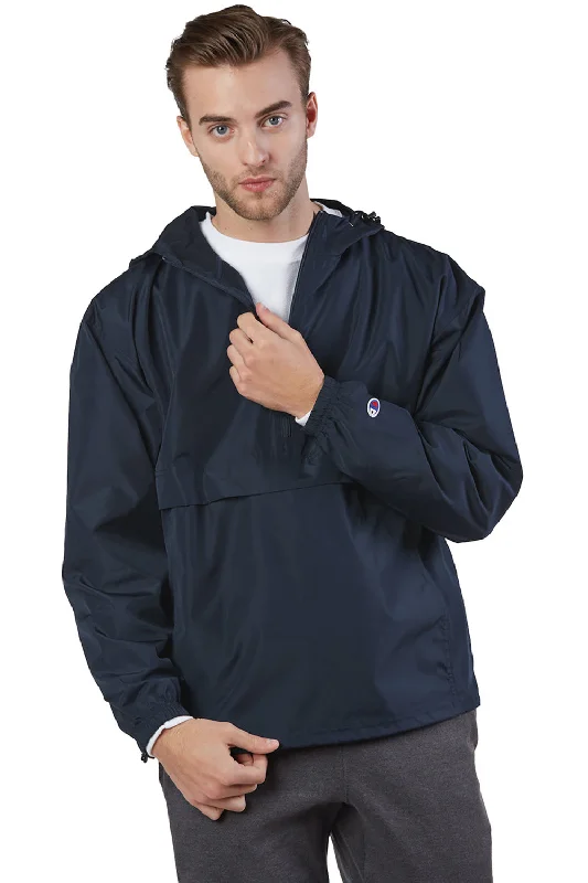 Champion Mens Packable Wind & Water Resistant Anorak 1/4 Zip Hooded Jacket - Navy Blue Cardigan Sweater Pullover