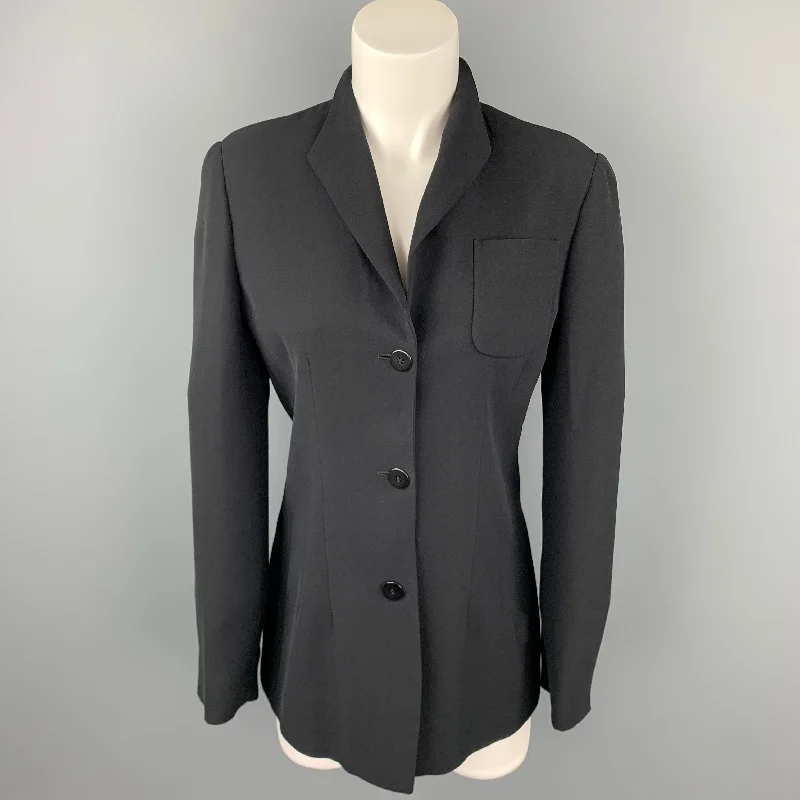 GIORGIO ARMANI Size 6 Black Silk Collarless Buttoned Jacket Notch Collar Jacket Peter Pan Collar Jacket Cowl Neck Jacket