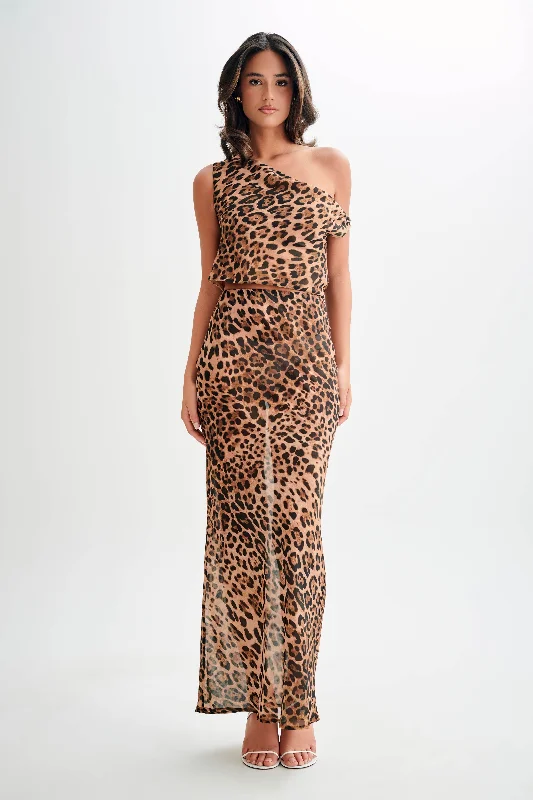 Yvonne Chiffon Maxi Skirt - Leopard Print silk skirt lustrous