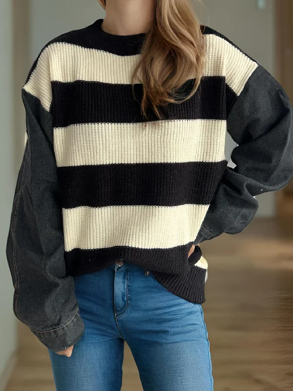 Ava Contrast Round Neck Long Sleeve Sweater Velvet Chenille Corduroy