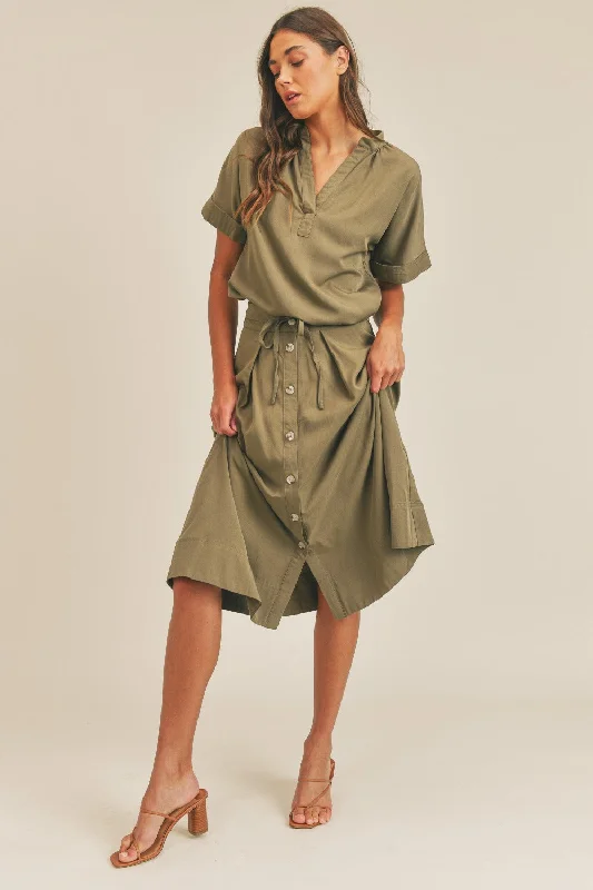 MABLE Short Sleeve Top and Button Down Midi Skirt Set breathable skirt fabric