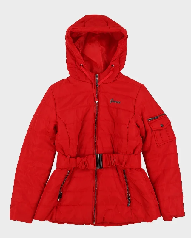 00s Guess Red Hooded Puffer Jacket - M Wool Jacket Cashmere Jacket Tweed Jacket