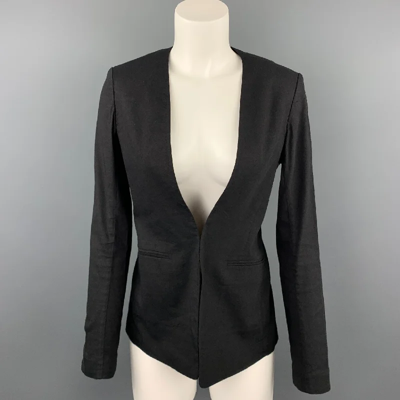 THEORY Size 4 Black Linen Blend Collarless Open Front Jacket Rayon Jacket Velvet Jacket Corduroy Jacket