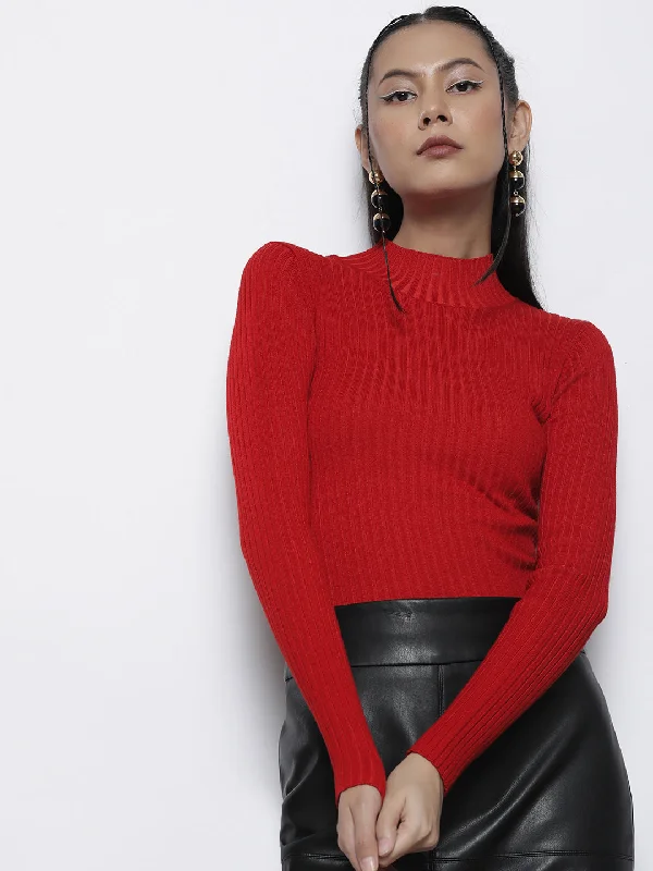 Women Red Rib High Neck Full Sleeves Sweater Seamless Knitted Crochet