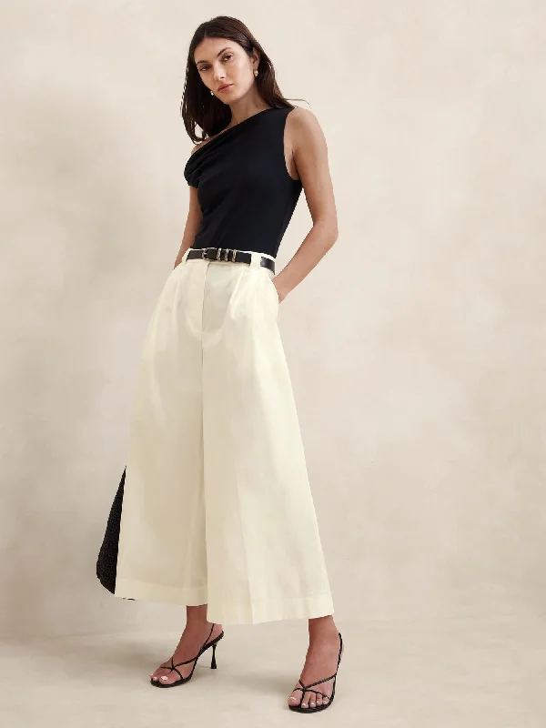Pleated Wide-Leg Crop Poplin Pant Comfortable Pleated Pants