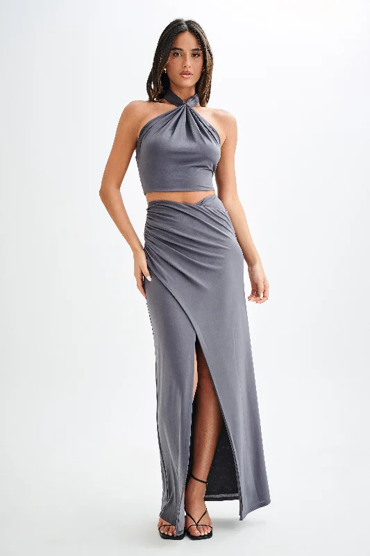 Bronwyn Slinky Ruched Maxi Skirt With Split - Charcoal maxi skirt elegant