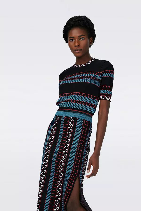 Hudson Knit Jacquard Sweater Fun Checks Blue - Diane Von Furstenberg Satin Blend Silk Blend Wool Blend