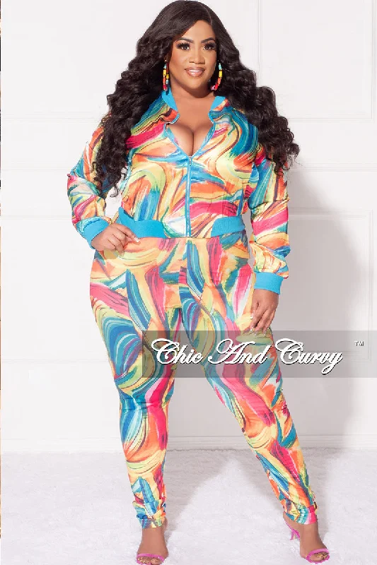 Final Sale Plus Size 2pc Cropped Satin Zip-Up Jacket and Pants Set in Multi Color Swirl Print Nylon Fabric Polyester Fabric Spandex Fabric