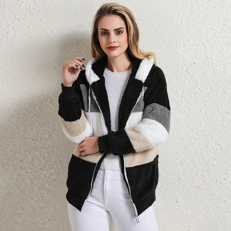 Fast Shipping Women's Warm and Plush Hooded Jacket for Winter Stand-Up Collar Roll-Neck Collar Turtle Neck
