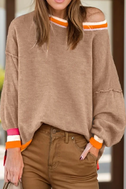 Contrast Round Neck Long Sleeve Sweater Toggled Drawstring Belted