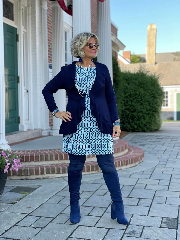 CAROLINE NAVY RUFFLE SWEATER Houndstooth Herringbone Solid