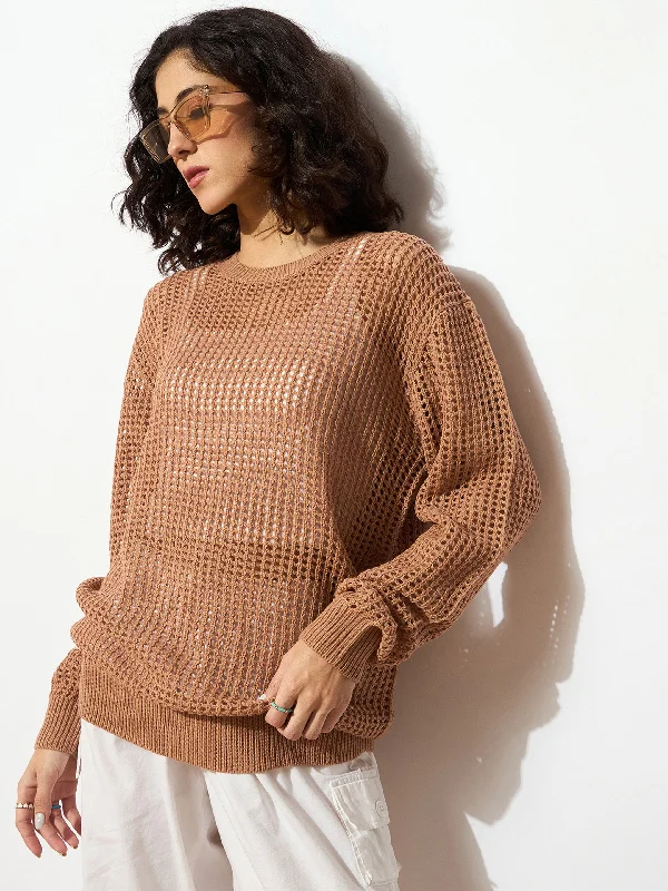 Women Beige Oversized Crochet Sweater Glossy Satin Silk