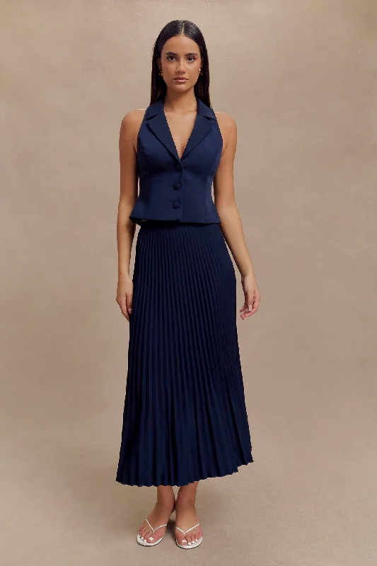 Twyla Pleated Suiting Maxi Skirt - Navy chiffon skirt flowing